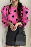 Flytonn-cute winter outfits casual winter outfits christmas outfit party look inspos Puff Sleeve Dot Pattern Knitted Sweater