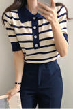 Flytonn-cute winter outfits casual winter outfits christmas outfit party look inspos Short Sleeve Knitted Striped Collar Shirt