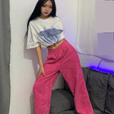 Flytonn-cute winter outfits casual winter outfits christmas outfit party look inspos Elastic Waist Pink Corduroy Long Pants