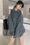 Flytonn-cute winter outfits casual winter outfits christmas outfit party look inspos Long Sleeve Off Shoulder Denim Shirt