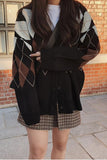 Flytonn-cute winter outfits casual winter outfits christmas outfit party look inspos Loose Argyle Pattern Black Cardigan Sweater