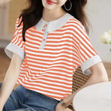 Flytonn-cute winter outfits casual winter outfits christmas outfit party look inspos Retro Doll Collar Short Sleeve Striped Shirt