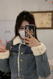 Flytonn-cute winter outfits casual winter outfits christmas outfit party look inspos Two Piece Warm Crop Denim Jacket With Mini Denim Skirt Outfit Set