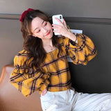 Flytonn-cute winter outfits casual winter outfits christmas outfit party look inspos Plaid Backless Lace Up Lantern Sleeve Shirt