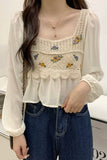 Flytonn-cute winter outfits casual winter outfits christmas outfit party look inspos Long Sleeve Flower Embroidered Crochet Blouse Shirts