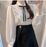 Flytonn-cute winter outfits casual winter outfits christmas outfit party look inspos Long Sleeve Cute Bow Tie Retro Office Blouse Shirt