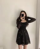 Flytonn-cute winter outfits casual winter outfits christmas outfit party look inspos Sexy Flower Puff Sleeve Chiffon Black Dress