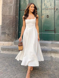 Flytonn White Sleeveless Suspnder Long Dress For Women Square Collar Fashion High Waist Sexy Dress A-line Splice Elegant Dress