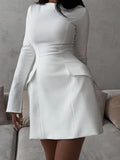 Flytonn Elegant Slim Long Sleeve Dress Women's High Waist Office Lady Mini Dress Solid Holiday Party Dress Autumn Winter Fashion