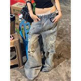 Flytonn-High Waist Ripped Women's Blue Jeans Hip-hop Style Fashion Vintage Streetwear Y2K Wide Leg Jean 2000s Trouser Baggy Denim Pants