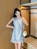 Flytonn-y2k outfits Summer New Fashion Splicing Lace Small Fragrant Style Stripe Dress High end Sleeveless Doll Neck Slim Short Dress for Women