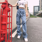 Flytonn-Women's High Waisted Jeans Butterfly Print Straight Wide Leg Denim Pants Baggy Loose Casual Trousers Streetwear