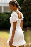 Flytonn-nye outfits Ruffle Puff Sleeve Tie Front Eyelet Little White Dress - White-back to school outfits Christmas  Outfits Thanksgiving Gift New Year's Eve