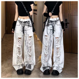 Flytonn-Vintage Women White Jeans Worn-out Y2K High Waist American Streetwear Wide Leg Pants Fashion Straight 2023 Summer Female Trouser