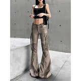 Flytonn-2024 Autumn Women's Casual Khaki Harajuku Jeans Vintage Korean Emo Loose Washed Pants Y2K Wide Leg Punk Sexy Denim Trouser