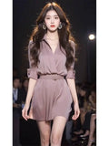 Flytonn-y2k outfits Summer Dress New French High end Exquisite Temperament  Light Pink Brown Suit Collar Waist Slimming A-line Short Dress for Women