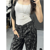 Flytonn-Vintage High Waist Women Black Jeans Printing Fashion Streetwear Wide Leg Jean Female Denim Trouser Straight Baggy Denim Pants