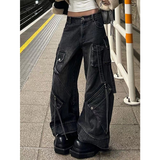 Flytonn-Women Black Jeans Cargo Pants Streetwear High Waist American Wide Leg Pants Fashion Y2K Style Female Winter Straight Trousers