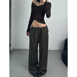 Flytonn-Women Brown Cargo Pants lattice Streetwear High Waist American Wide Leg Pants Y2K Fashion Female Winter Straight Trousers