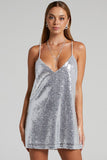 Flytonn-nye outfits Sparkly V Neck Spaghetti Strap A Line Sequin Party Mini Dress - Silver