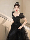 Flytonn-y2k outfits New Graduation High School Dress French High end Black Long Evening Dresses for Women Bubble Sleeve Bridesmaid Wedding Dress