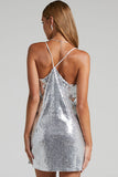 Flytonn-nye outfits Sparkly V Neck Spaghetti Strap A Line Sequin Party Mini Dress - Silver