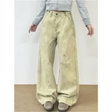 Flytonn-Khaki Jeans Women Multiple Pockets Y2K Vintage High Waisted Jean Straight Trouser Streetwear Casual Loose Wide Leg Denim Pants