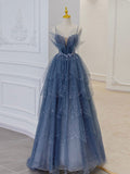 Flytonn-Cyber Monday Christmas party outfits Gray blue tulle sequin beads long prom dress, blue evening dress BD13