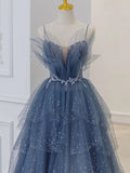 Flytonn-Cyber Monday Christmas party outfits Gray blue tulle sequin beads long prom dress, blue evening dress BD13