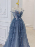 Flytonn-Cyber Monday Christmas party outfits Gray blue tulle sequin beads long prom dress, blue evening dress BD13