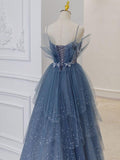 Flytonn-Cyber Monday Christmas party outfits Gray blue tulle sequin beads long prom dress, blue evening dress BD13