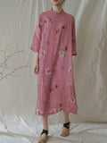 FLYTONN- Women Summer Artsy Flower Ramie Robe Dress HH035