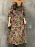 FLYTONN- Women Summer Vintage Flower Spliced Strap Ramie Dress HH007