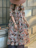 FLYTONN- Women Summer Vintage Flower Spliced Strap Ramie Dress HH007