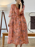 FLYTONN- Women Summer Artsy Flower Spliced V-Neck Ramie Dress HH008