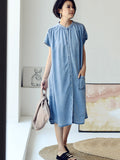 FLYTONN- Plus Size Women Summer Casual Solid Blue Denim Dress HH030