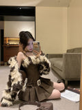 Flytonn-y2k outfits Autumn and Winter New Imitation Fur Leopard Pattern Fur Coat Waist Slimming Coffee Color Slip Dress Two Piece Set Women Outfits