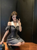 Flytonn-y2k outfits Spliced Bow Sweet and Spicy Girl Halter Dress Summer New Chic Sexy Off Shoulder Waist Slimming A-line Mini Dresses for Women