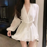 Flytonn-y2k outfits French Romantic Tulle V-neck Waist Sliming Long Sleeve Dress Summer Temperament Gentle Style Waist Tie up Short Dress for Women