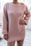 Flytonn-nye outfits Cozy Winter Boat Neck Long Sleeve Textured Sweater Mini Dress - Pink