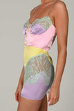 Flytonn-nye outfits Silky Satin Color Panel Lacy Bustier Slip Mini Dress - Multicolor