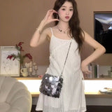 Flytonn-y2k outfits Summer Sweet Lace Hollow Strap Camisole Dress for Women Spring Sleeveless Loose Casual A-line Cover up Layered Short White Dress