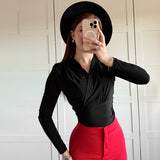 Flytonn Cross-Neck Slim Long Sleeve Crop Top For Women Elegant Ruched Solid T shirt Autumn Fashion Versatile Female Pullovers