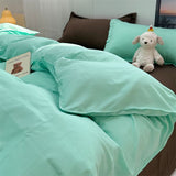 Flytonn-2025 Spring Bedding Set Cute Korean Style Duvet Cover Set No Filler Green Pink Mix Color Flat Sheet Pillowcases Polyester Twin Queen Size Bed Linens