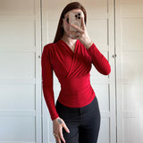 TRAUXY Cross-Neck Slim Long Sleeve Crop Top For Women Elegant Ruched Solid T shirt Autumn Fashion Versatile Female Pullovers