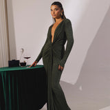 Flytonn Autumn Maxi Evening Dress Sexy Green Plung V Neck Dress Long Sleeve Glitter Ruched Wedding Guest Party Dresses Women-nye outfits