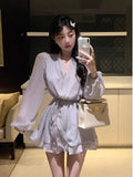 Flytonn-y2k outfits French Romantic Tulle V-neck Waist Sliming Long Sleeve Dress Summer Temperament Gentle Style Waist Tie up Short Dress for Women