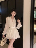 Flytonn-y2k outfits French Romantic Tulle V-neck Waist Sliming Long Sleeve Dress Summer Temperament Gentle Style Waist Tie up Short Dress for Women