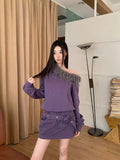 Flytonn-y2k outfits Purple Off Shoulder Straight Hairy Collar Long Sleeve Dress Autumn Spliced Design Rose Belt Slimming A-line Mini Dress for Women