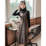 Flytonn-y2k outfits Autumn/Winter College Style Retro Checkered Wool Overalls Dress+High Neck Sweater Knit Base Shirt Two Piece Set Women Outfits